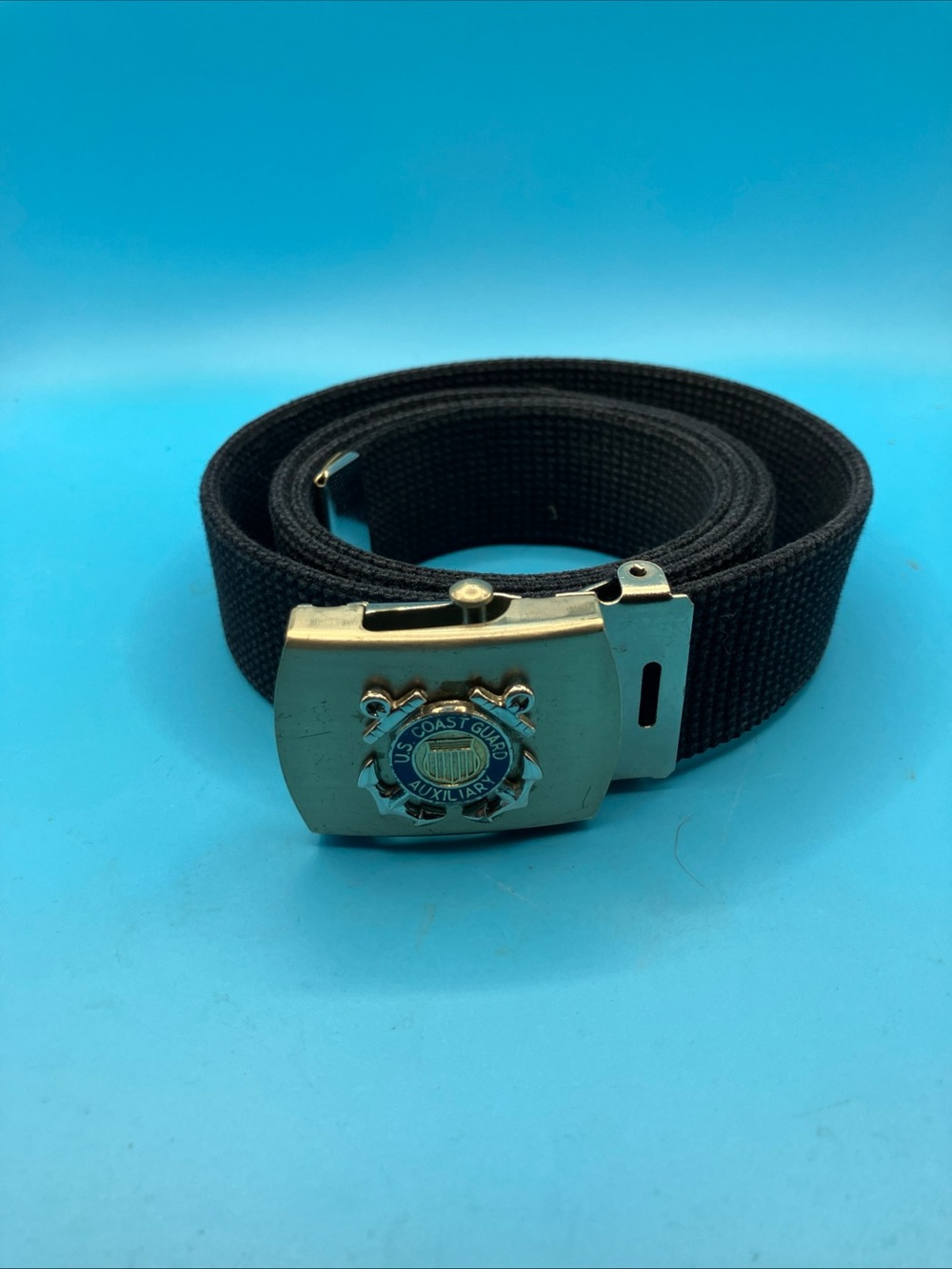 Black Canvas Belt with US Coast Guard Auxiliary Metal Buckle